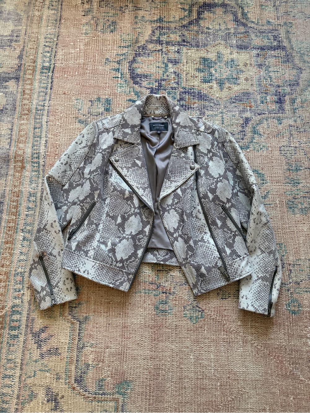 Banana Republic Gray Snake-Print Leather Moto Jacket
